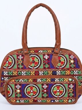 Boho Embroidered Brown Tote Bag with Multicolor Pattern
